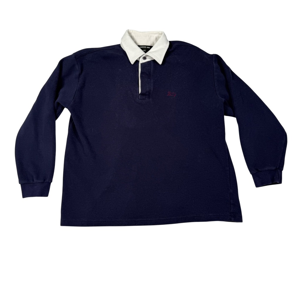 Vintage Korean Air Mens XXL Rugby Shirt Navy Blue White Omar Sharif Long Sleeve
